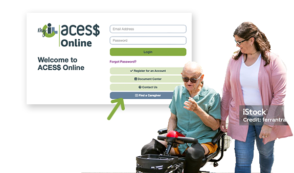 A man and his caregiver along with a screenshot of ACES$ Online