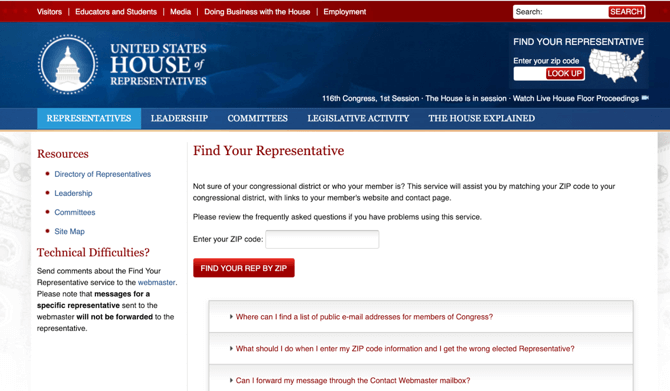 Screenshot of United States House of Representatives website